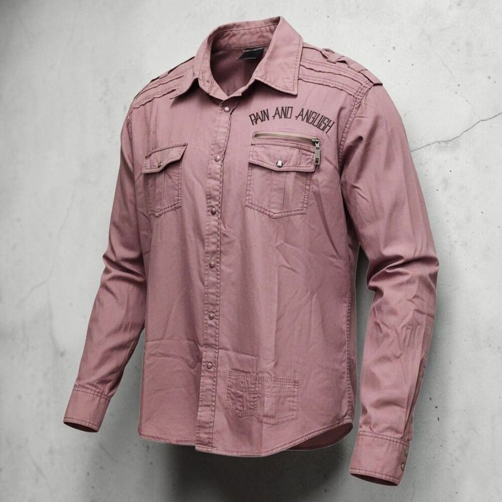 Blac Label Utility Shirt Mens XL Mauve Raw Edge Snaps Epaulets Grunge Gorpcore